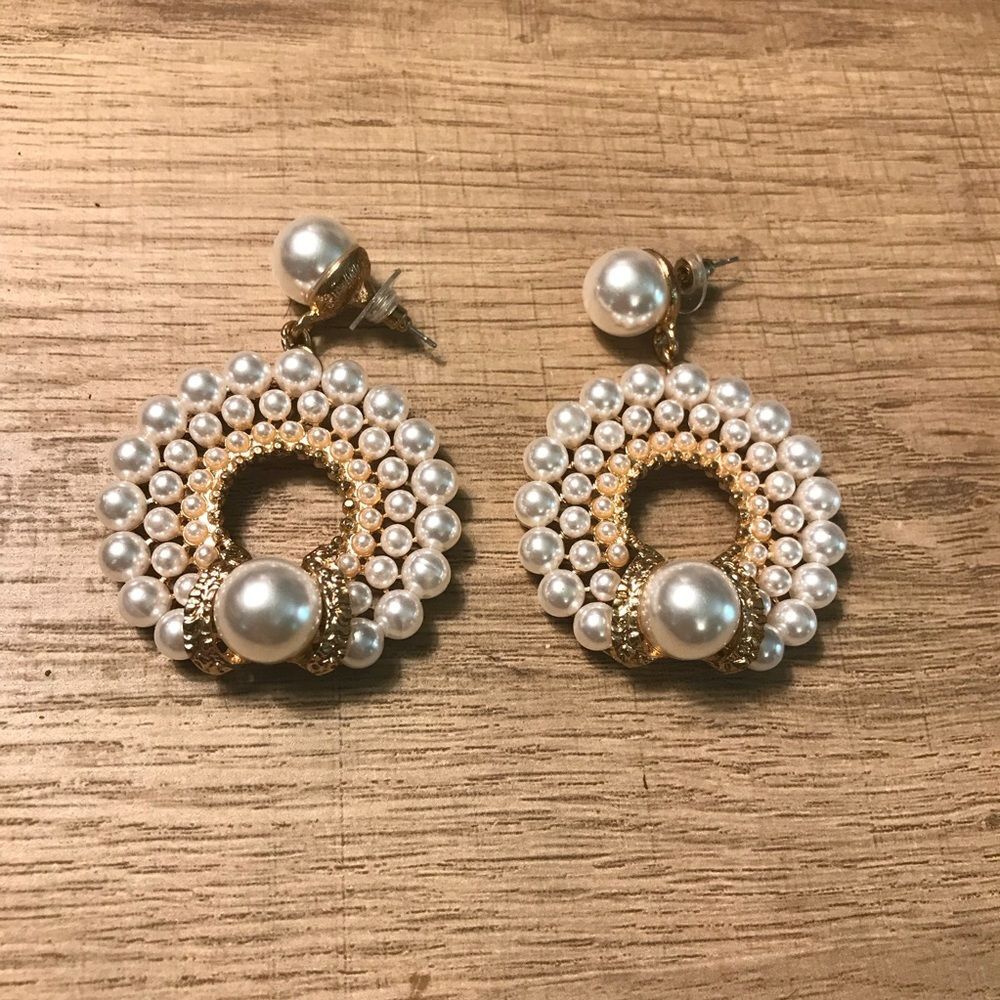 Gold Pearl Circle Drop Earrings - Ivory Pearl Statement Earrings